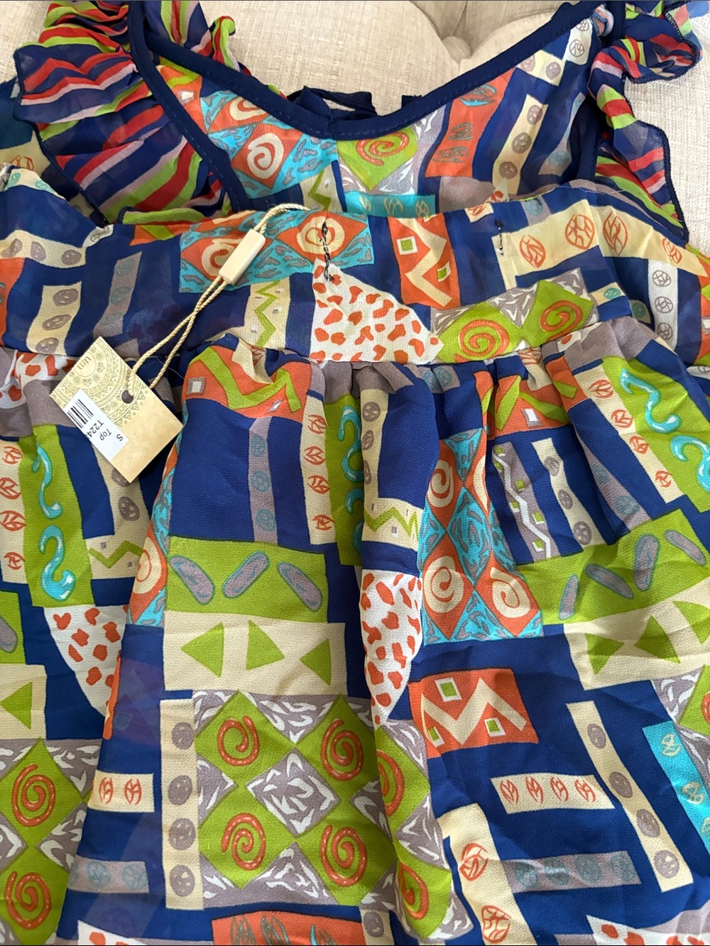 Colorful Geometric Print Ruffle Tank Top - Blue/Multi - Picture 7 of 7